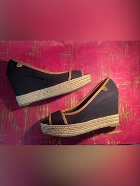 Tory Burch Black and Tan Canvas Espadrille Flats